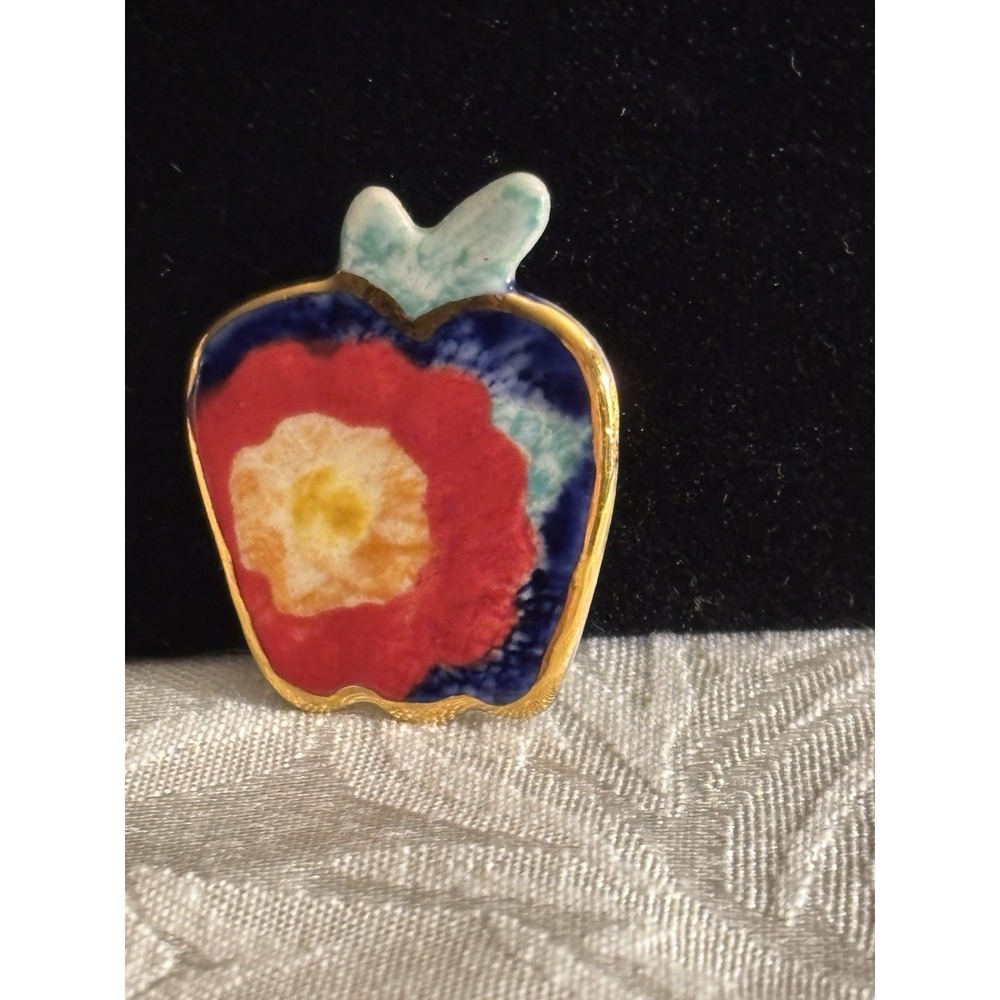 Enamel Apple Brooch With Gold Trim And Flower Design